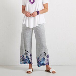 Et Lois NWT Strut Your Stuff Gray Knit Pants with Blue and Purple Floral Design
